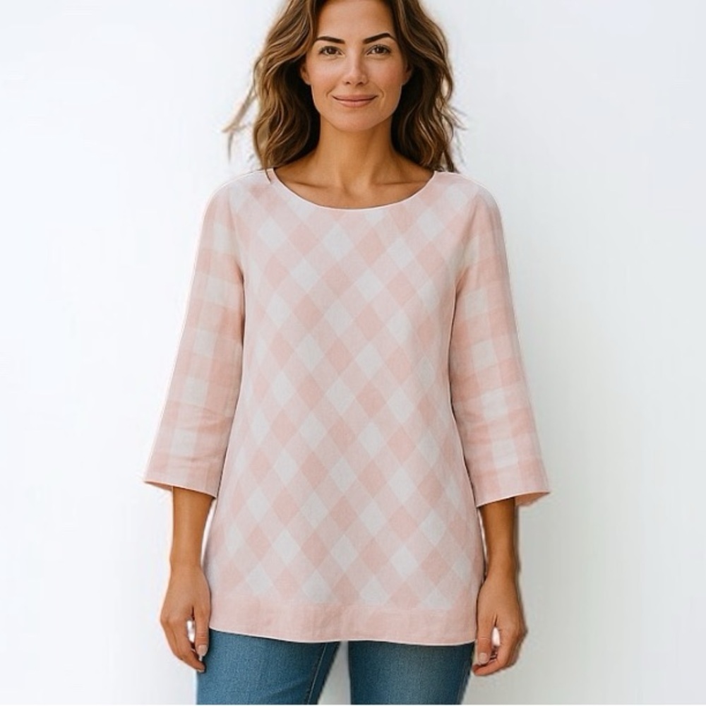 J. Jill Love Linen Pink & White Check 100% Linen Tunic | Size M